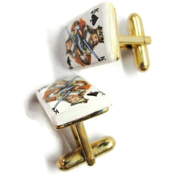 King of Spades Porcelain Cufflinks Gold Tone Tux Shirt Dress Suit Vintage - Picture 3 of 11